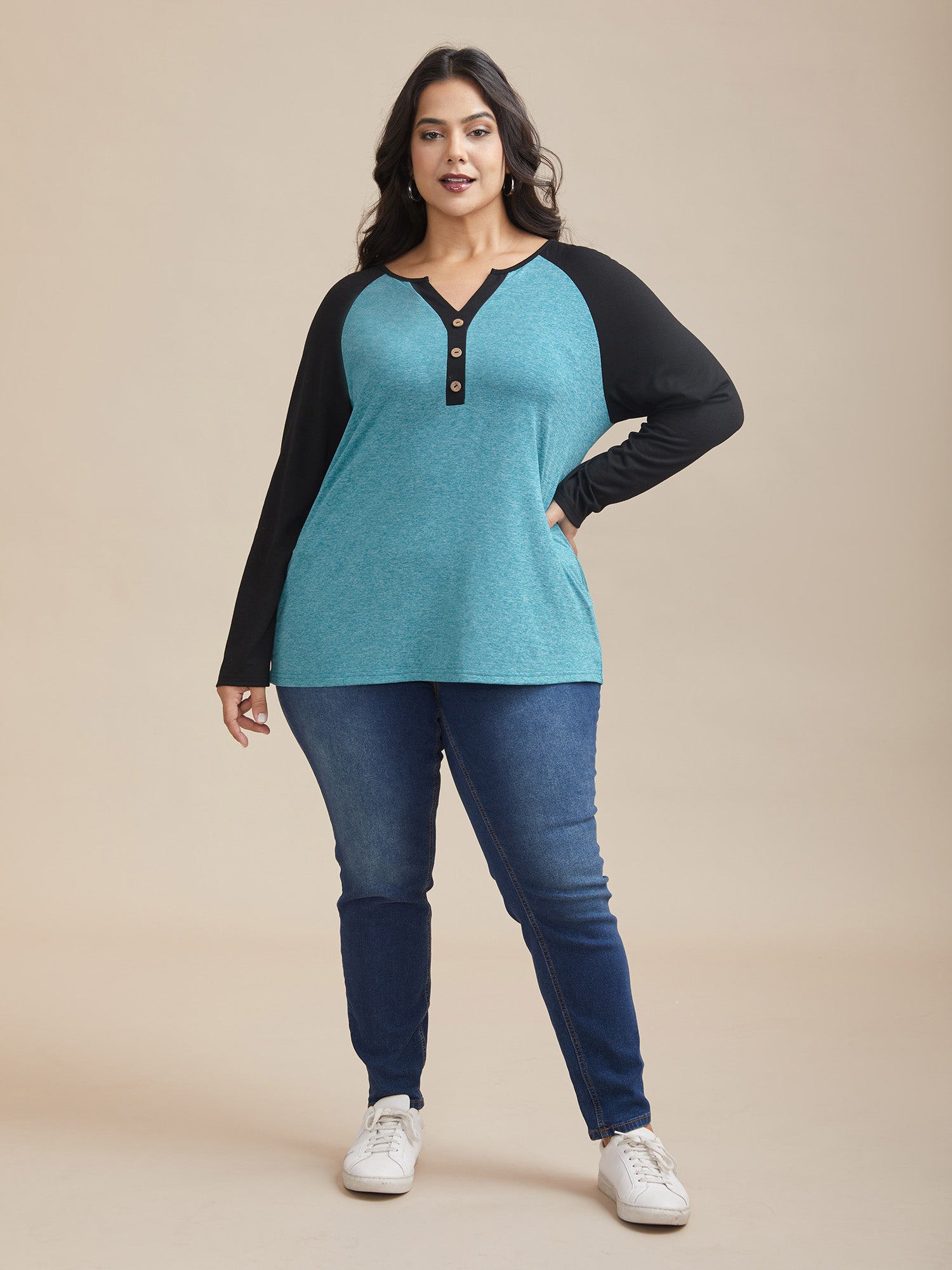 Heather Patchwork Button Detail Stretchy T-Shirt