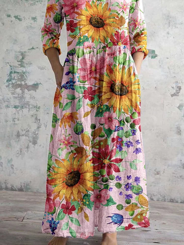 Women's Elegant Sunflower Floral V-Neck Cotton and Linen Dress
