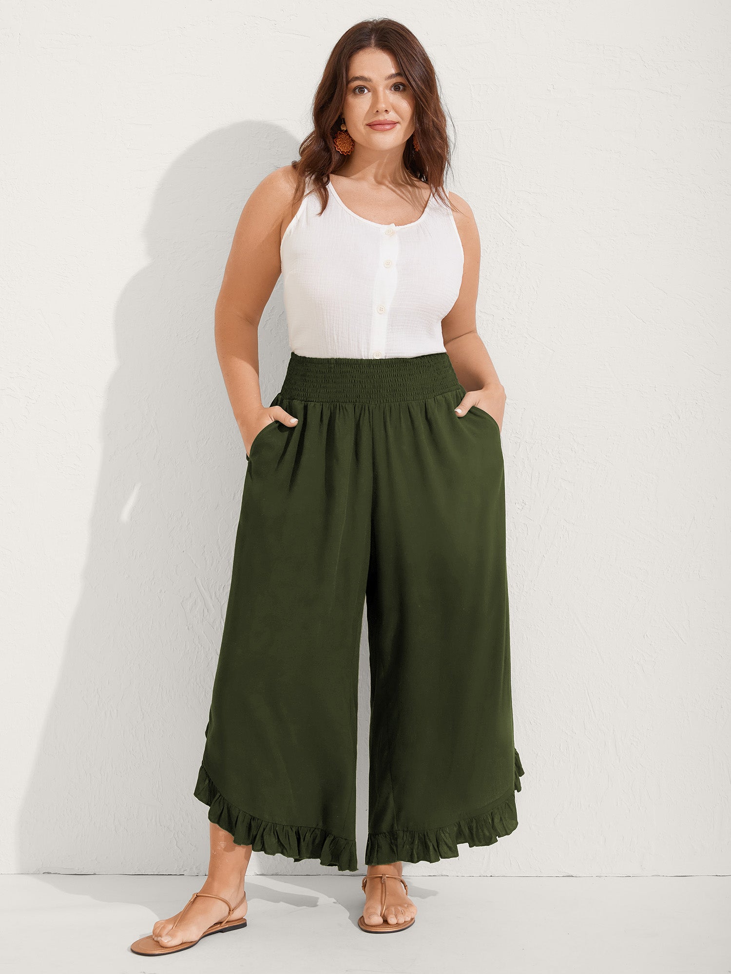 Ruffled Curvy Hem Wide-Leg Pants