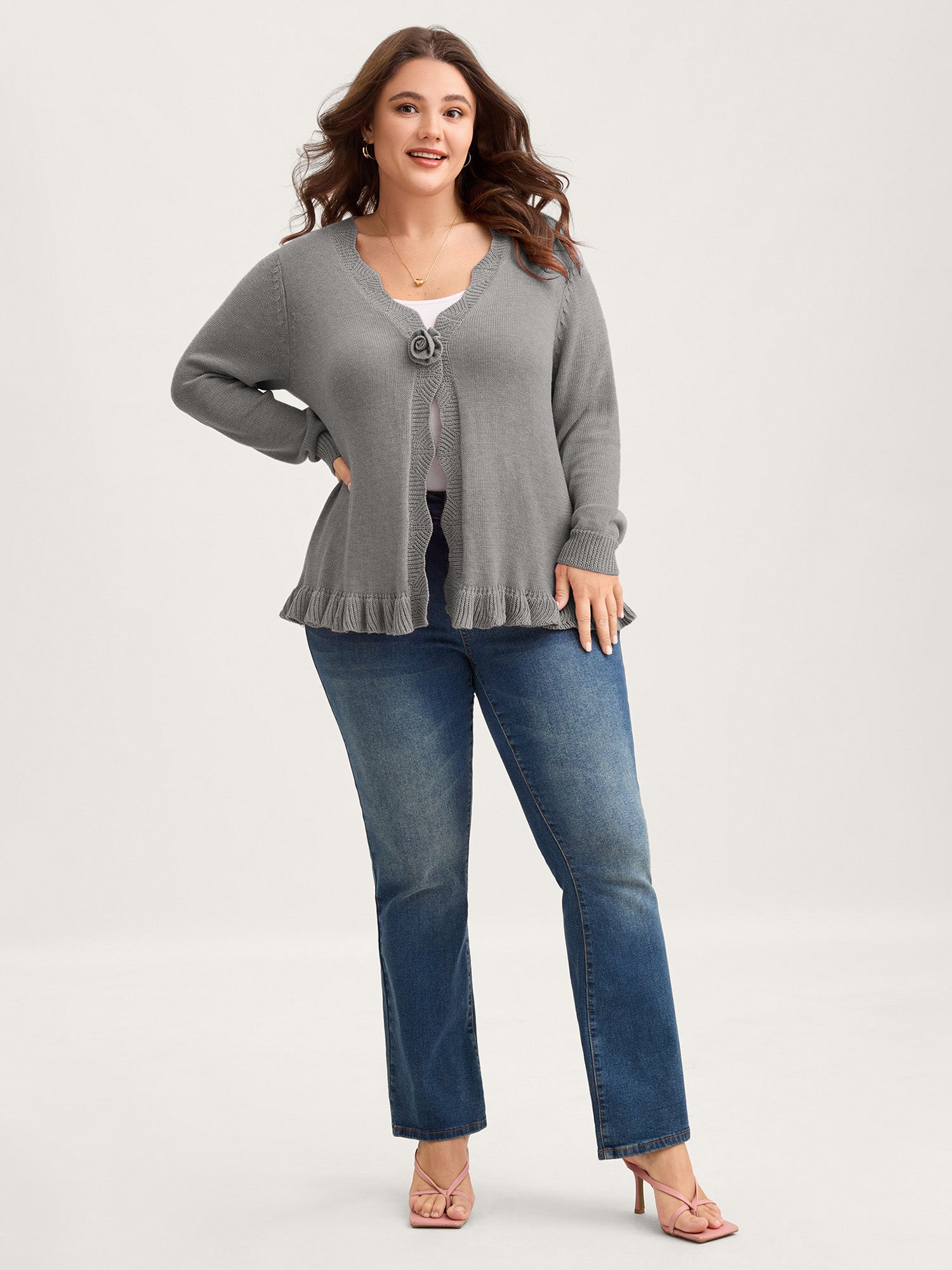 Supersoft Textured Floral Button Ruffled Hem Knit Cardigan