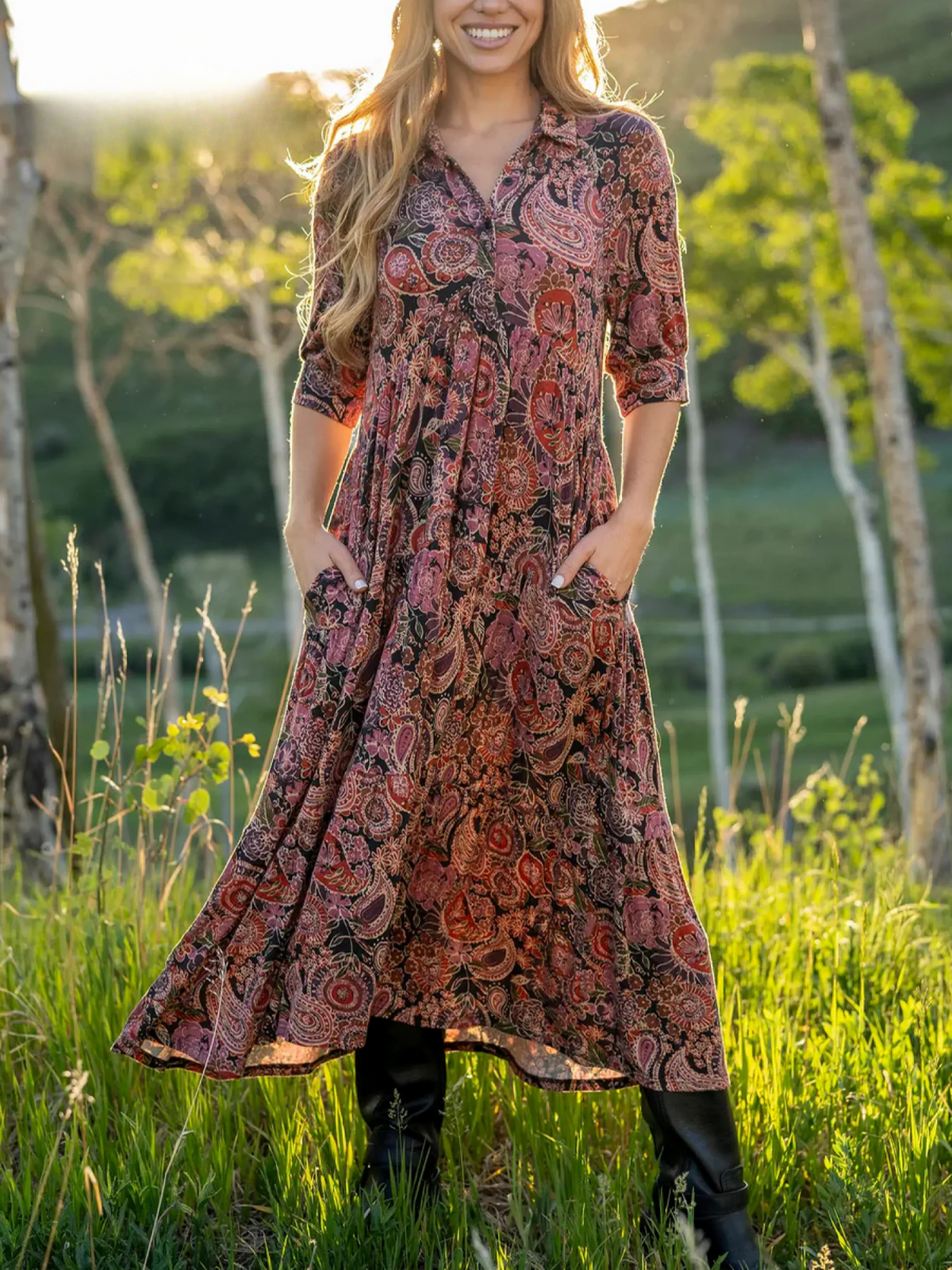 Comfortable Paisley Print Shirt Midi Dress