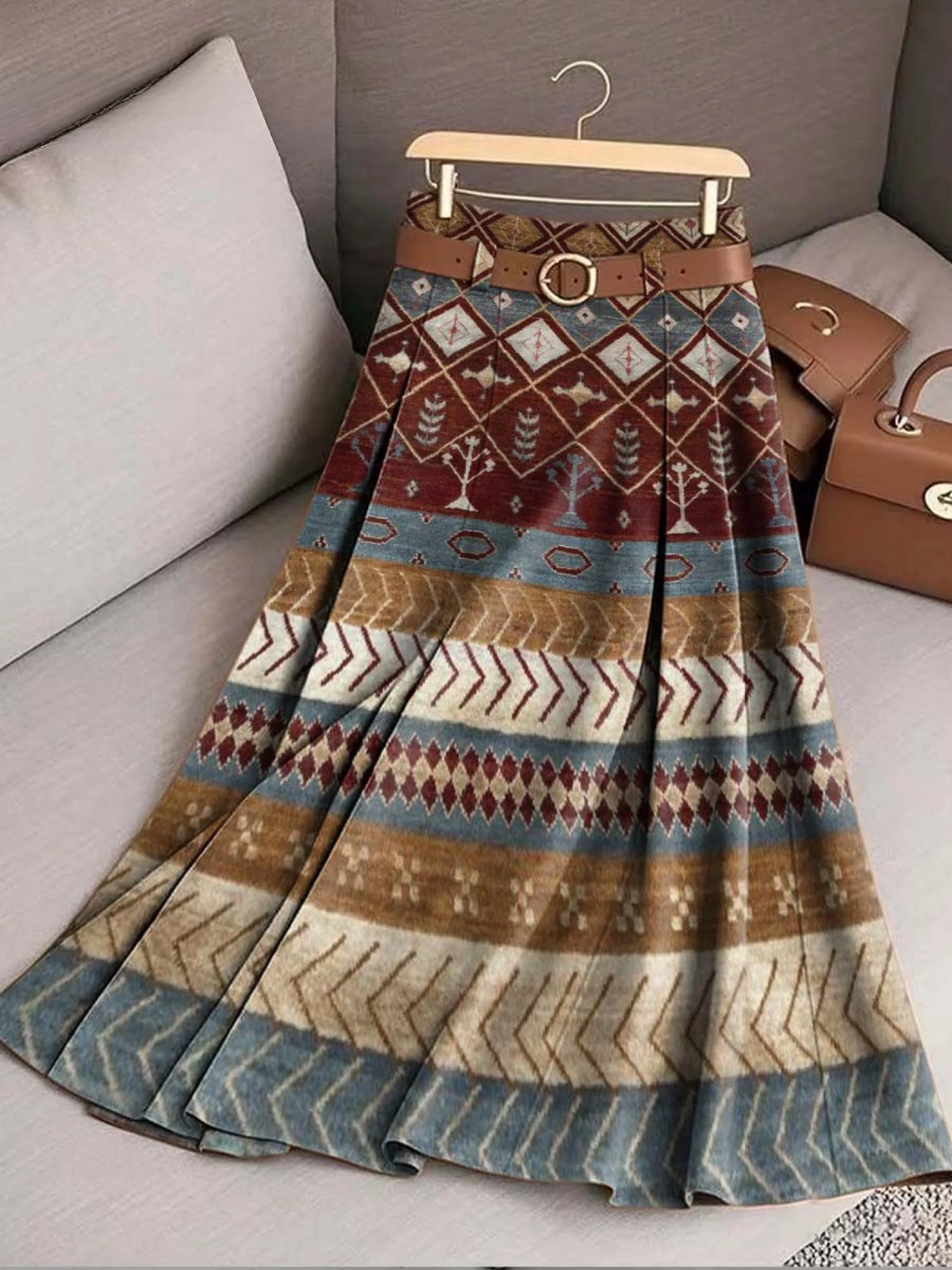 Women's Retro Geometric Print High Waist A-Line Casual Skirt