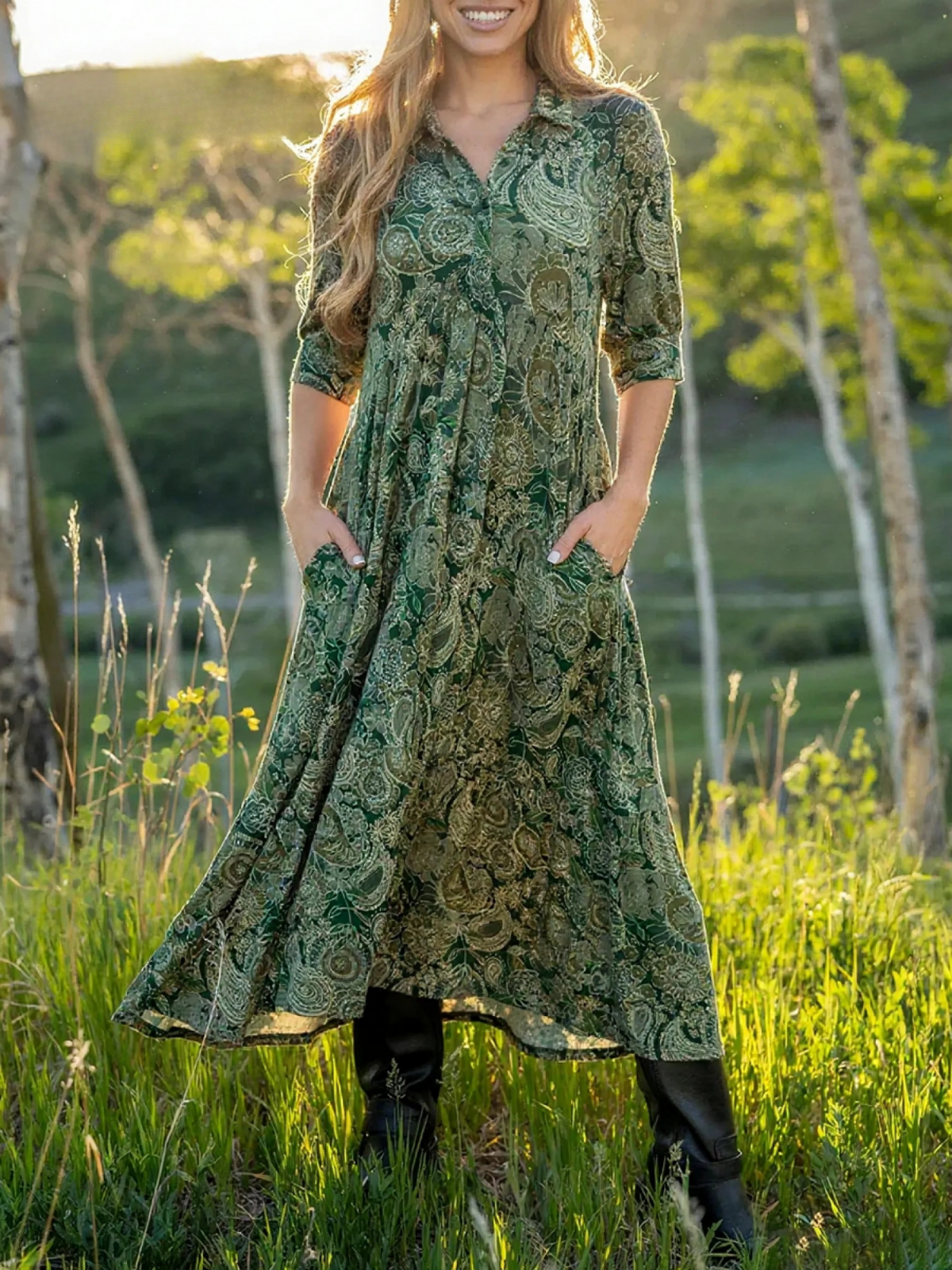 Comfortable Paisley Print Shirt Midi Dress