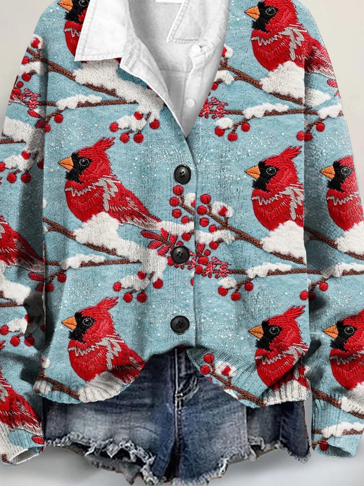 Christmas Red Bird Art Print Buttoned V-neck Cardigan Sweater