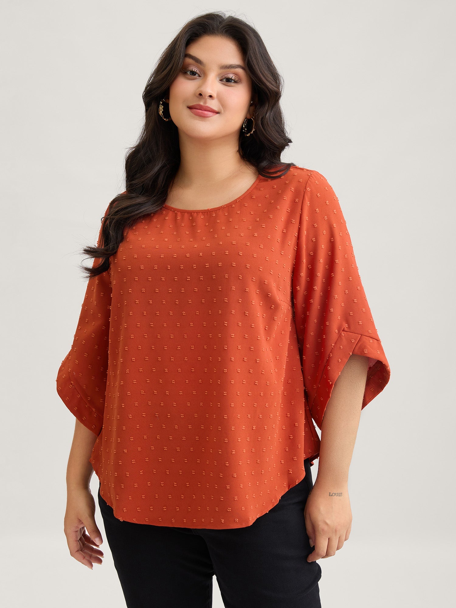 Textured Round Neck Bell Sleeve Blouse