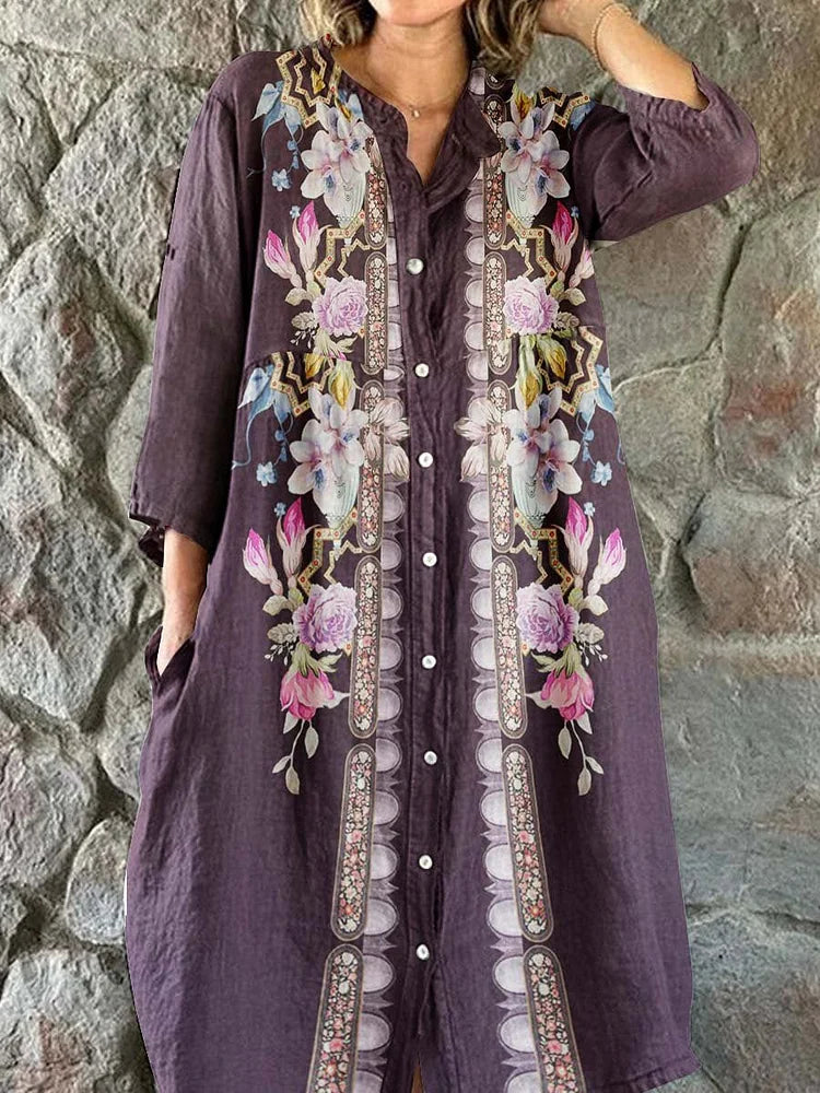 Women's Elegant Floral Print Simple Shirt Cotton Linen Dress