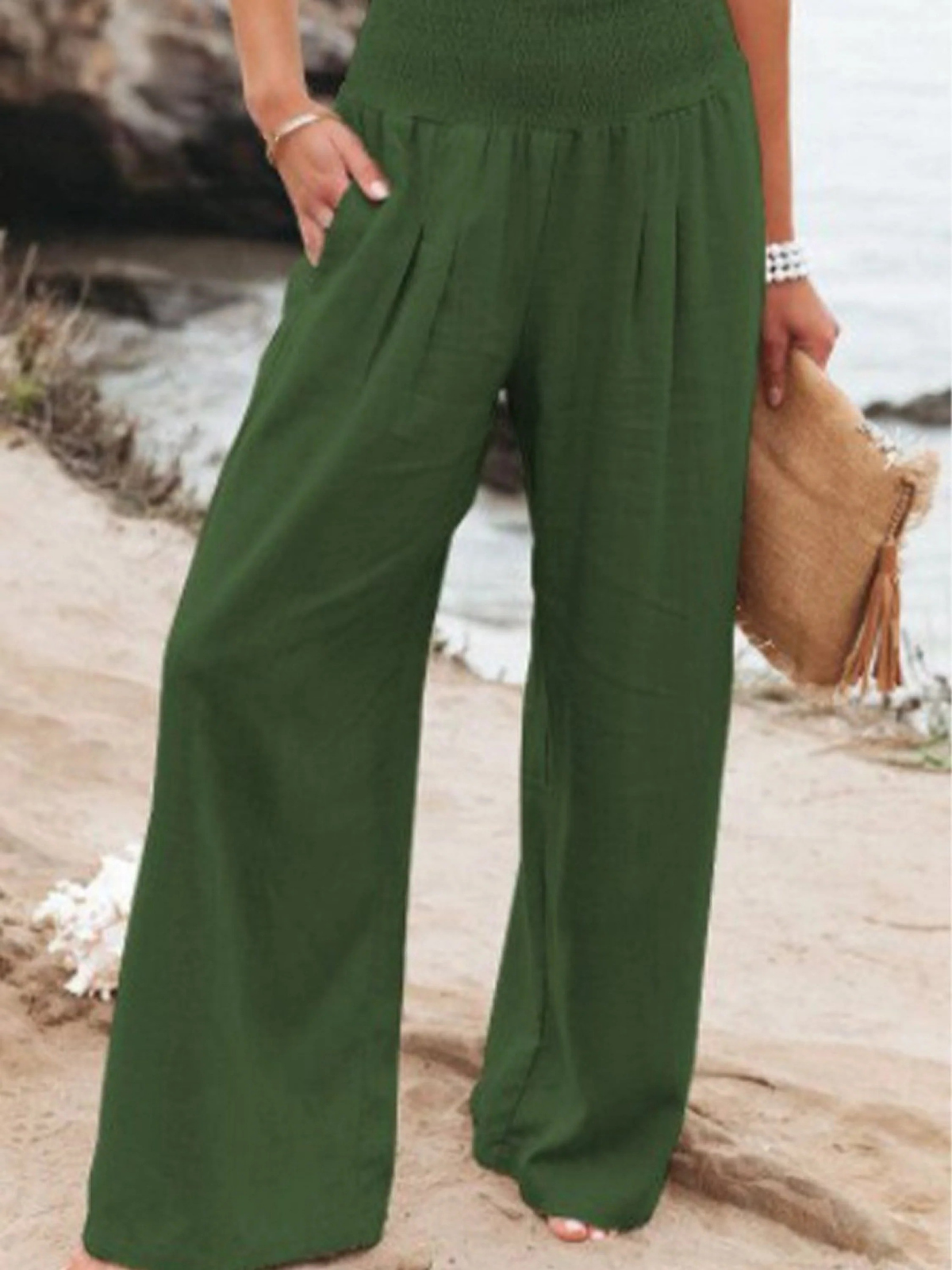 Women's Cotton and Linen Elasticated Waist-waisted Wide-leg Pants