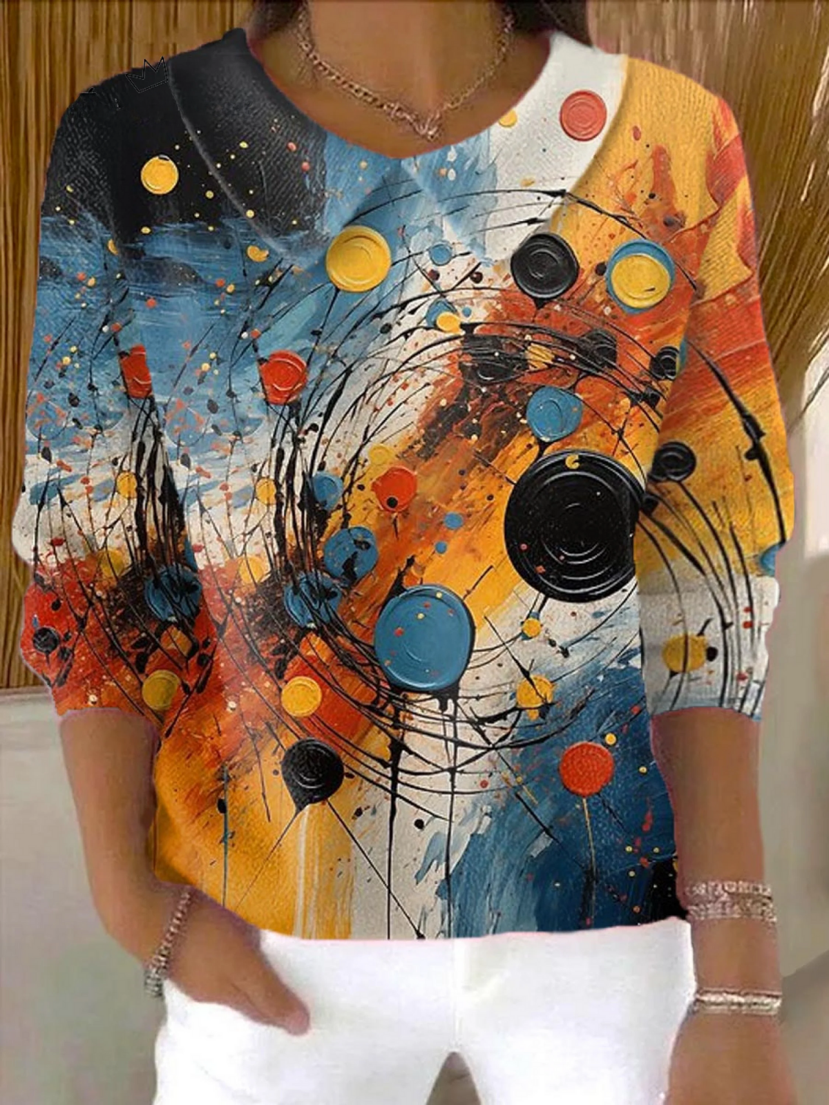 Women's Abstract Pattern Art Casual Peter Pan Collar 3/4 Sleeve Sweater