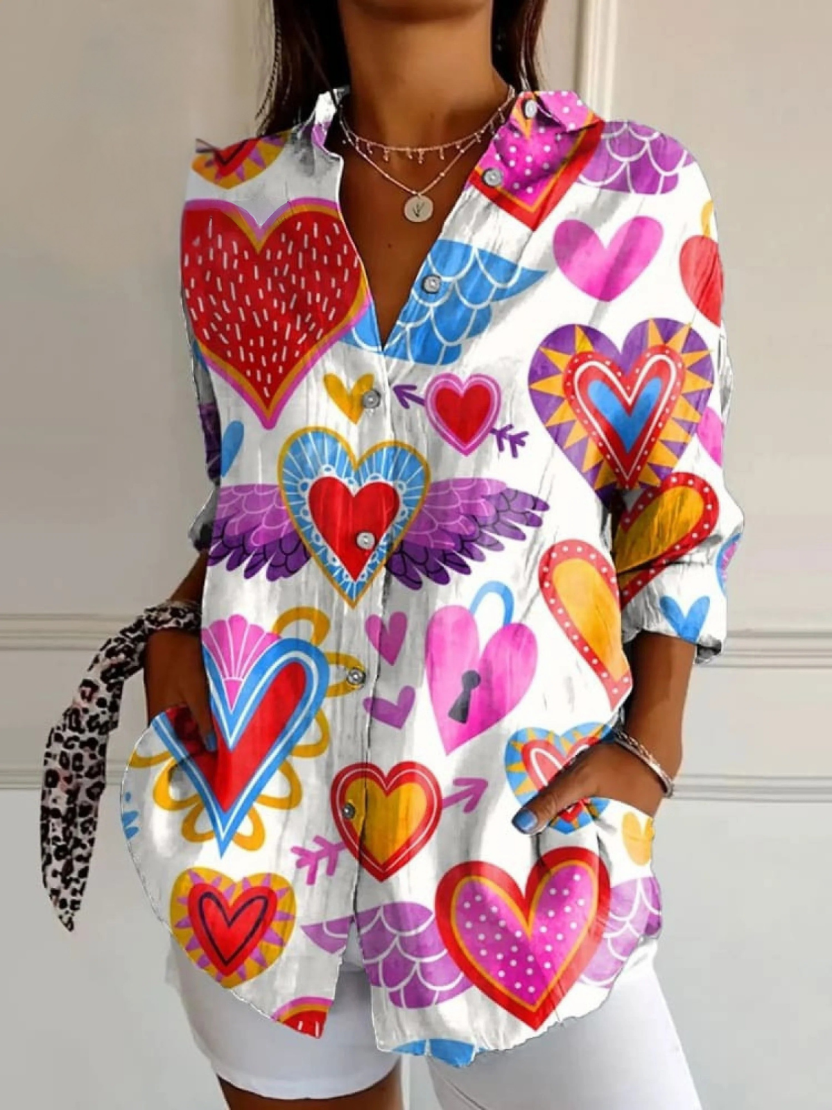 Heart Art Printed Women's Casual Cotton And Linen Shirt