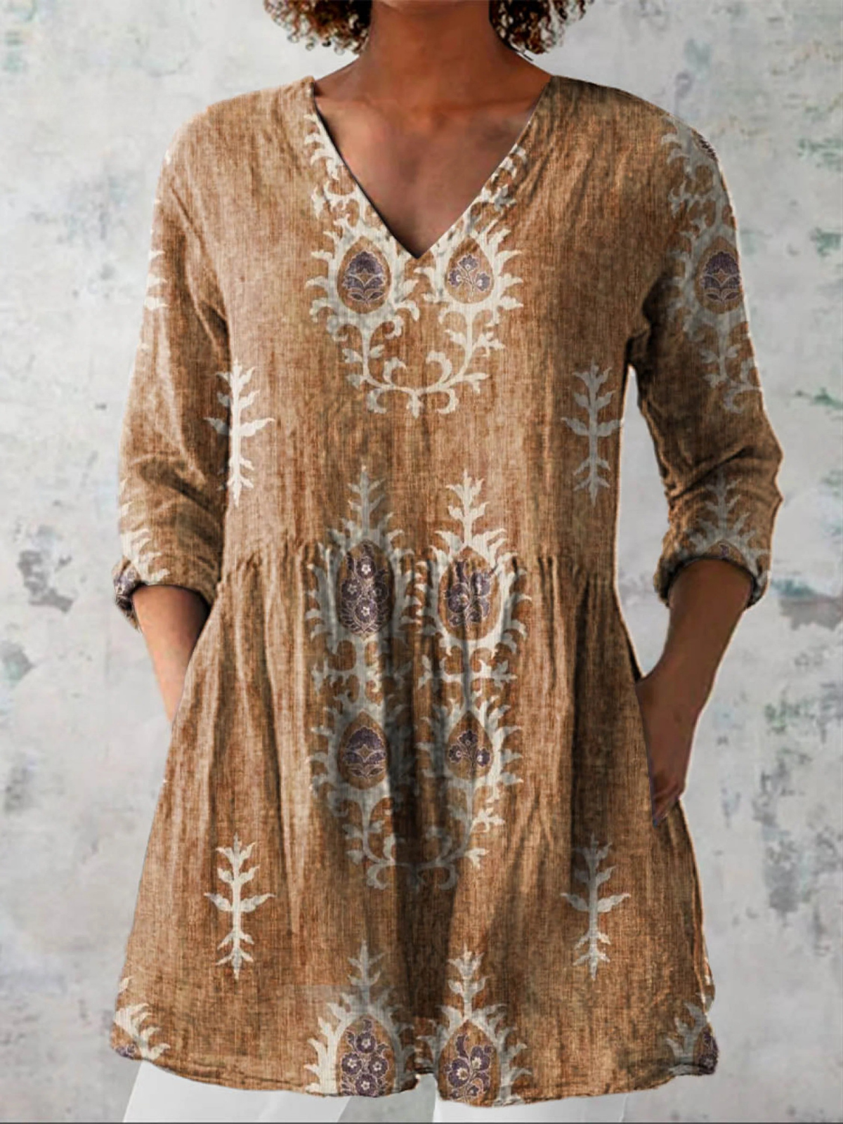 Women's Vintage Ethnic Pattern Art Print Casual Linen V-neck Tunic