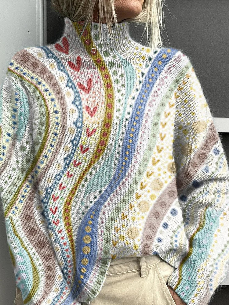 Women's Love Heart Floral Stripe Pattern Art Print Knitted Turtleneck Pullover Sweater