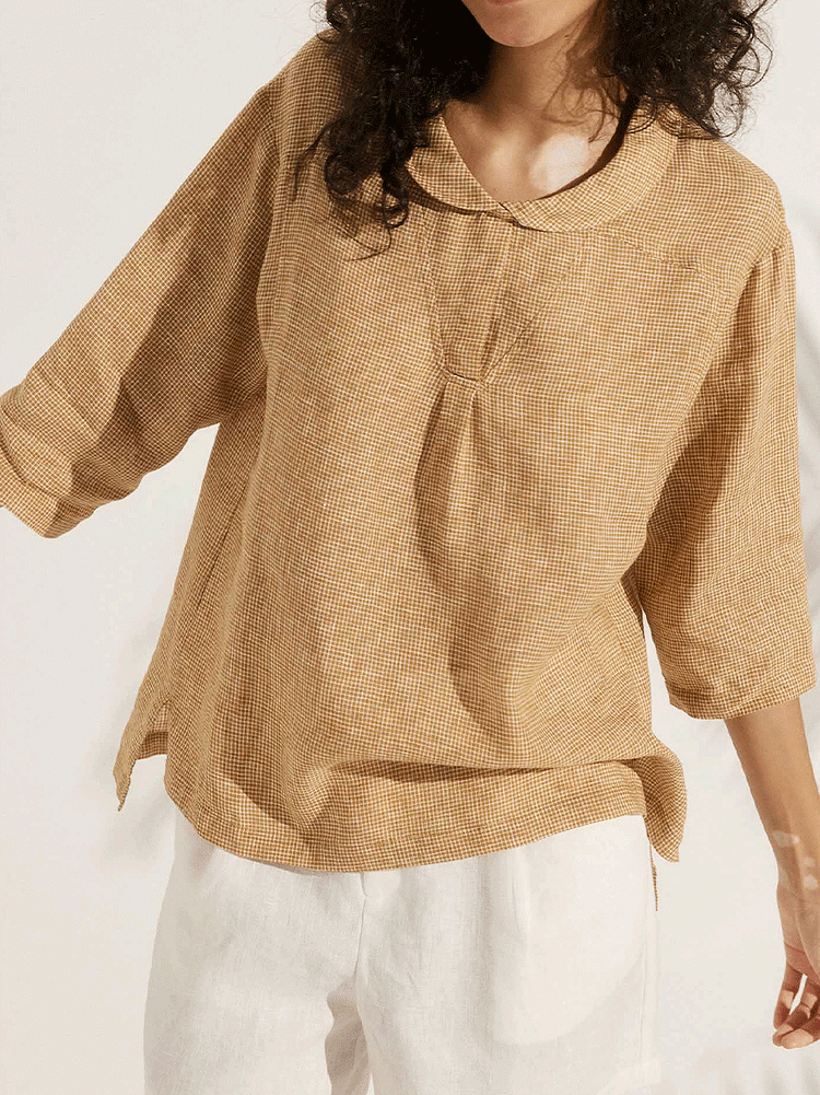 Women's Casual Checked Linen Classic Doll Collar Shirt