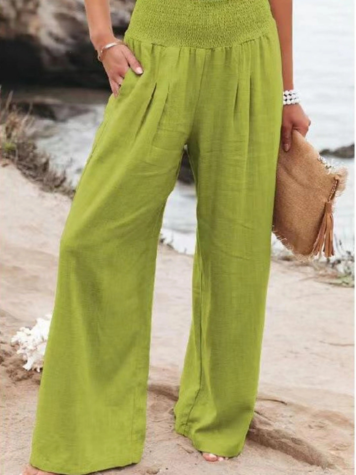 Women's Cotton and Linen Elasticated Waist-waisted Wide-leg Pants