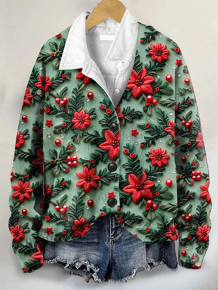 Vintage Christmas Floral 3D Art Print Buttoned V-neck Cardigan Sweater
