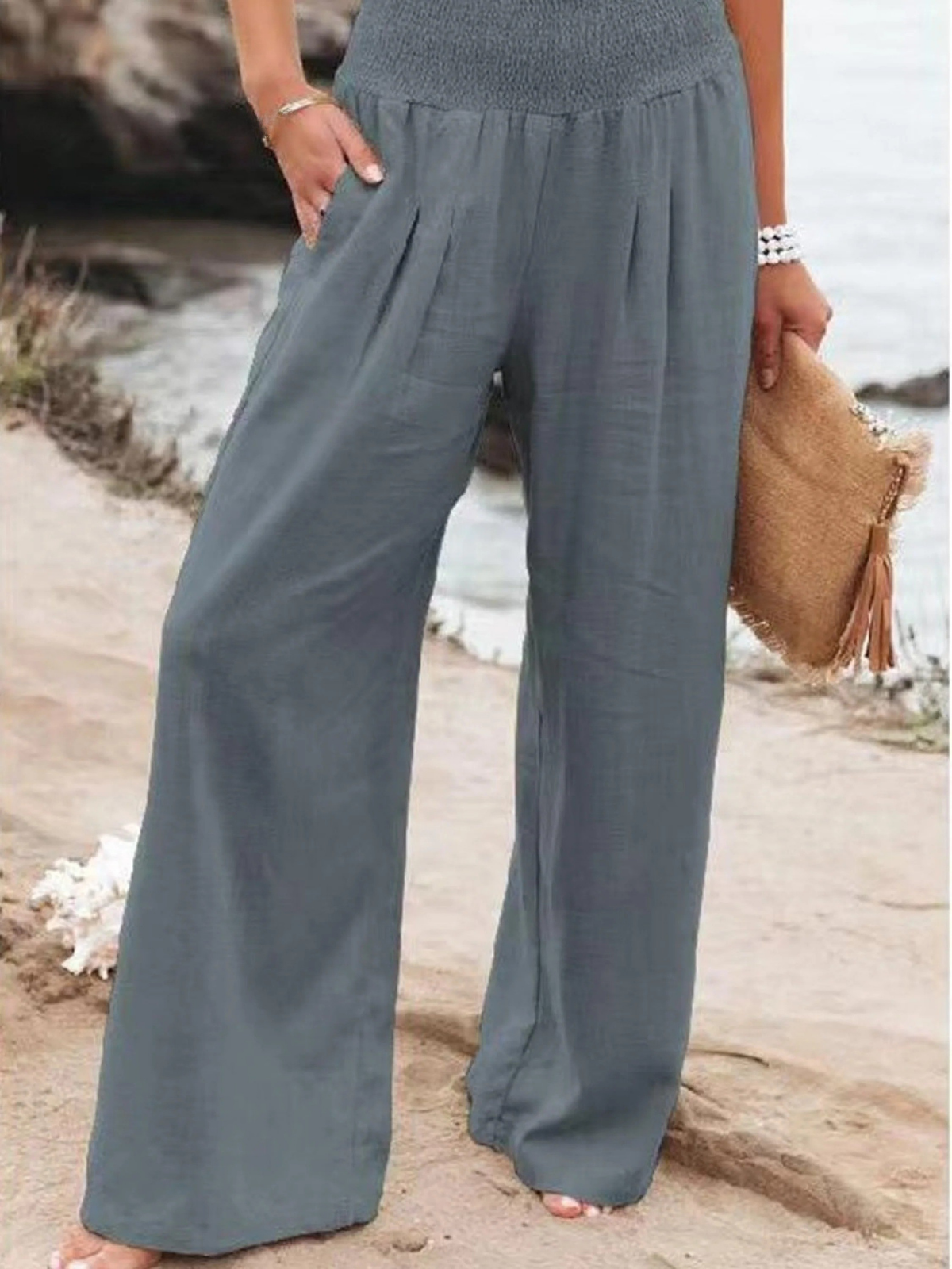 Women's Cotton and Linen Elasticated Waist-waisted Wide-leg Pants