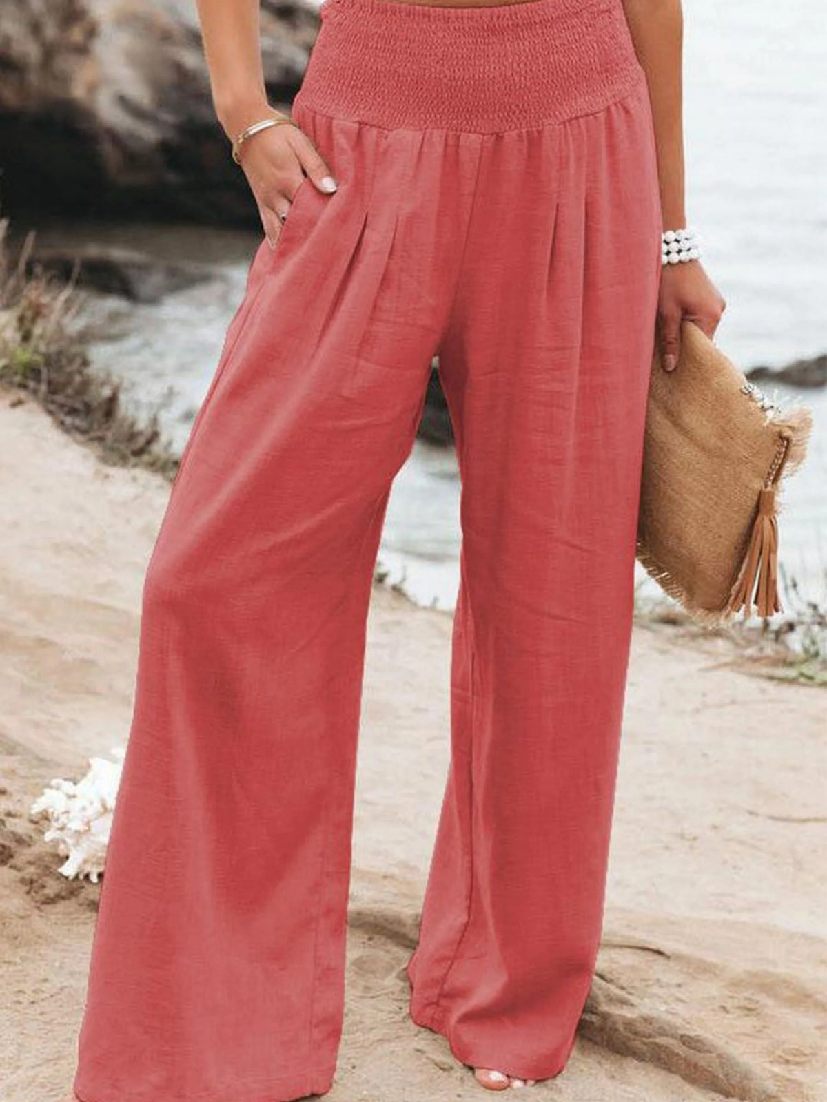 Women's Cotton and Linen Elasticated Waist-waisted Wide-leg Pants