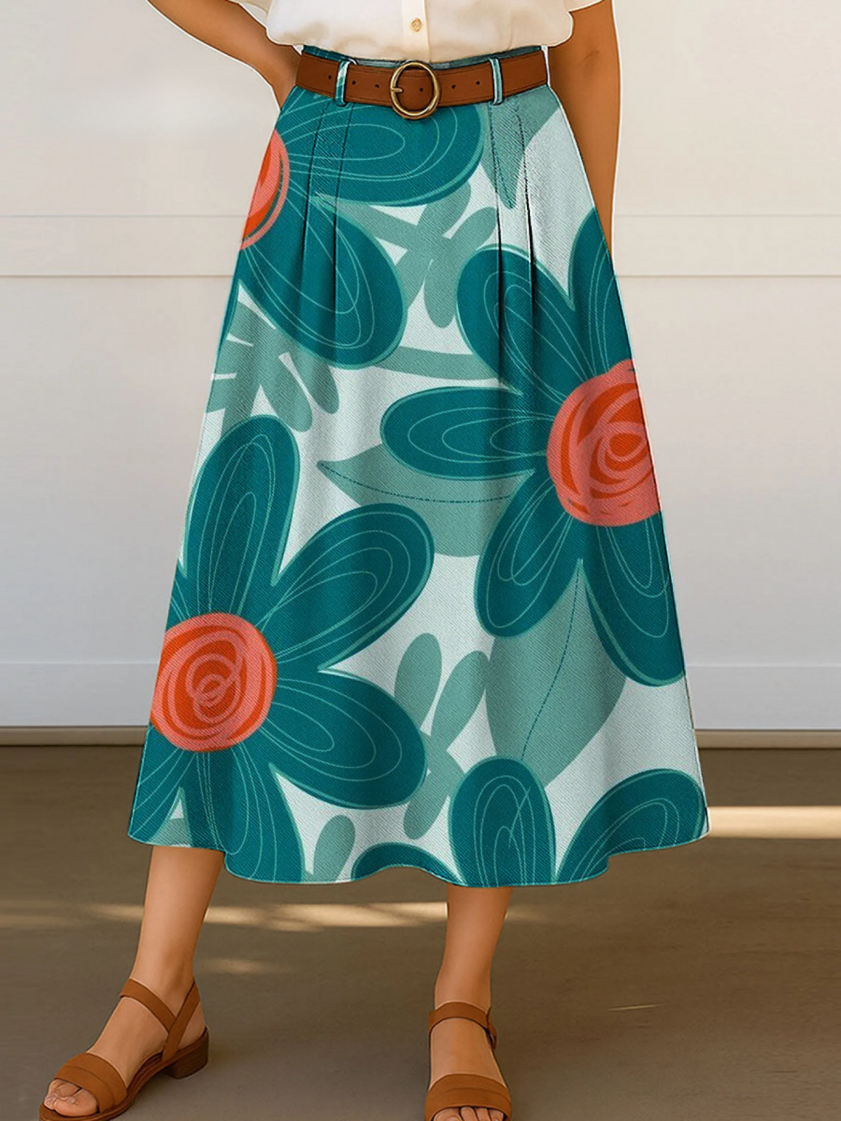 Women's Retro Floral Flowers Print High Waist Casual A-Line Skirt