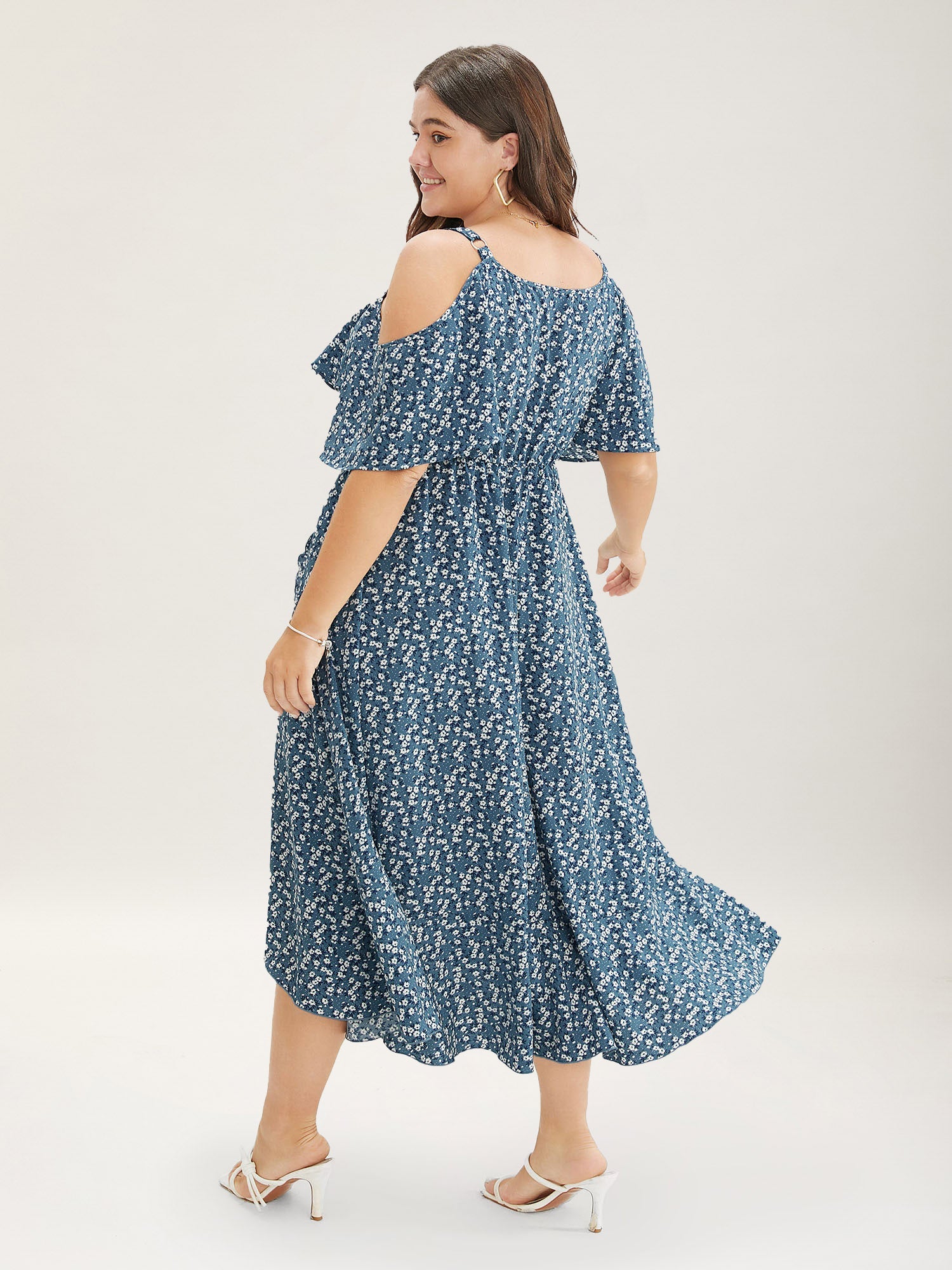 Ditsy Floral Pocket Wrap Cold Shoulder Ruffle Dress
