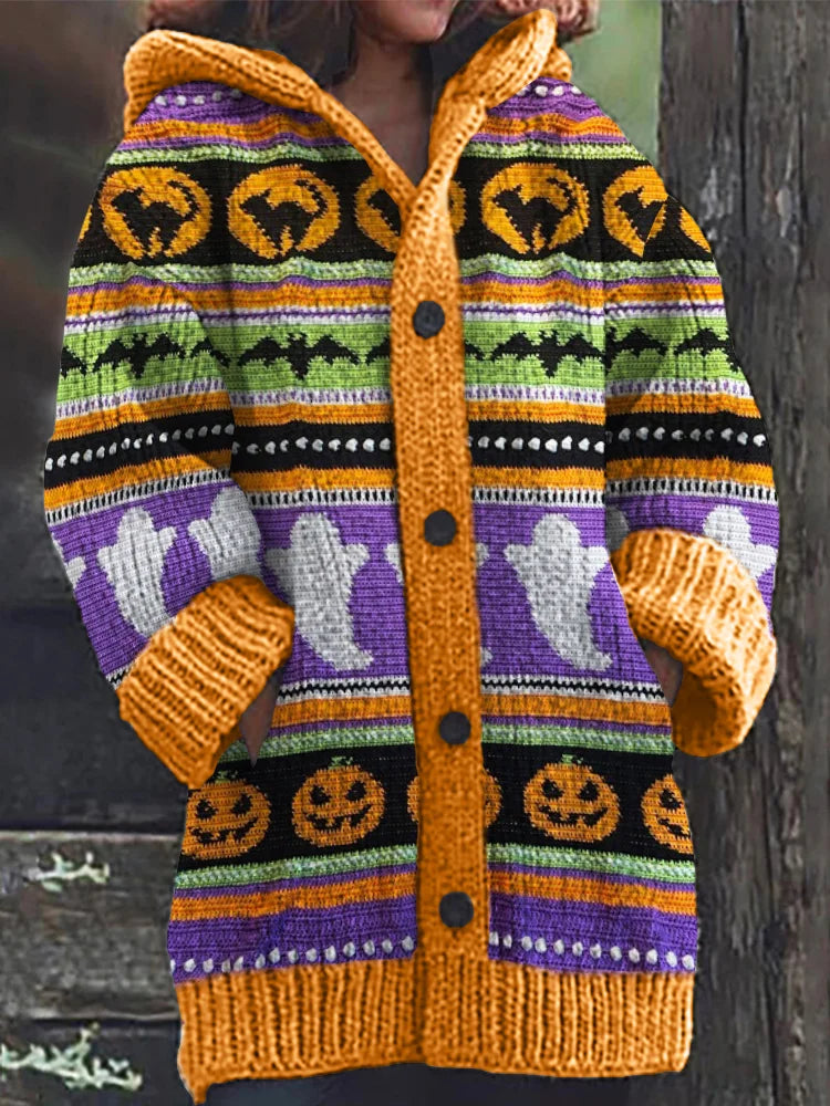 Vintage Halloween Colorblock Cozy Knit Hooded Cardigan