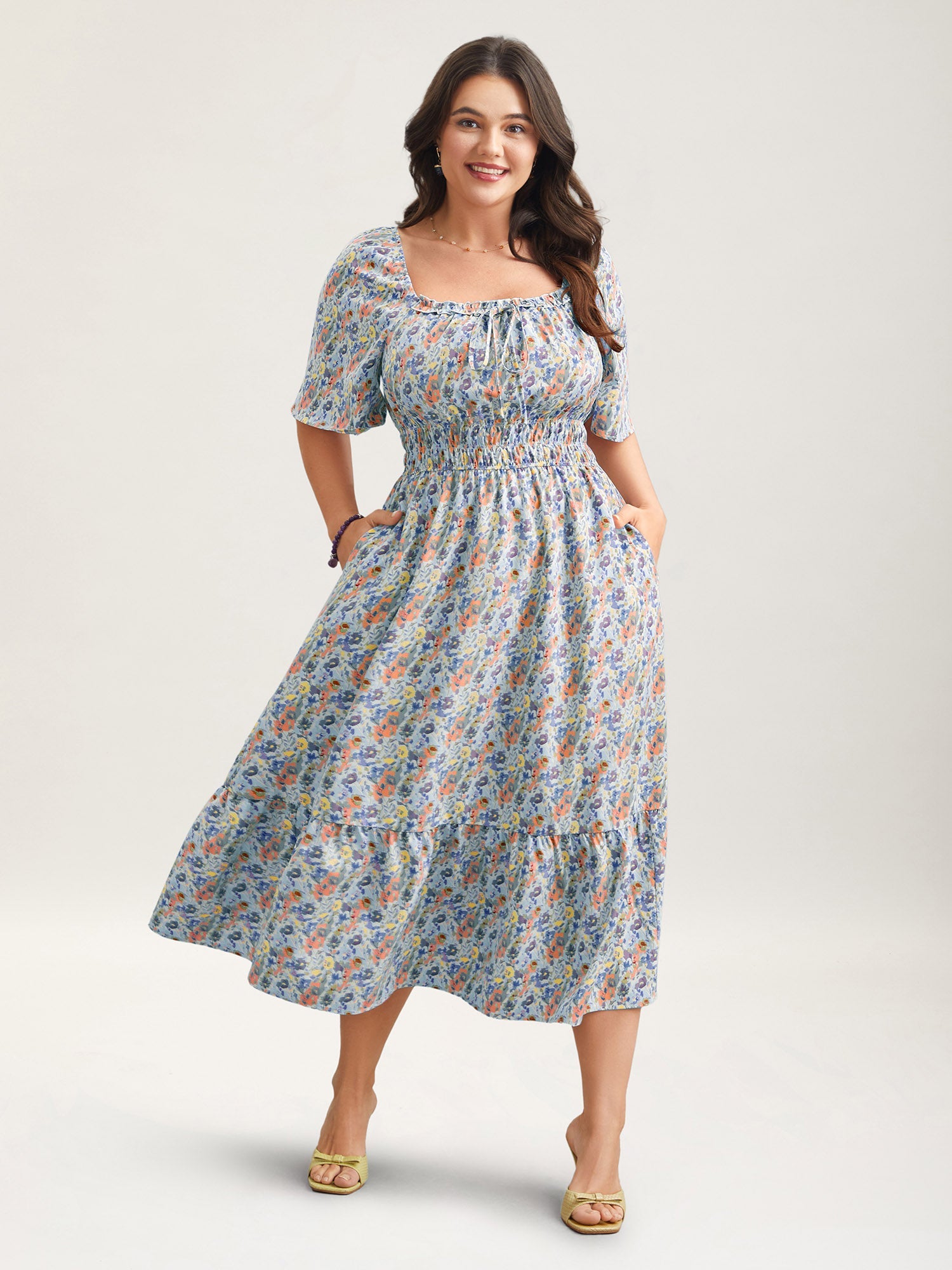 Smocked Waist Floral Ties Tiered Maxi Dress