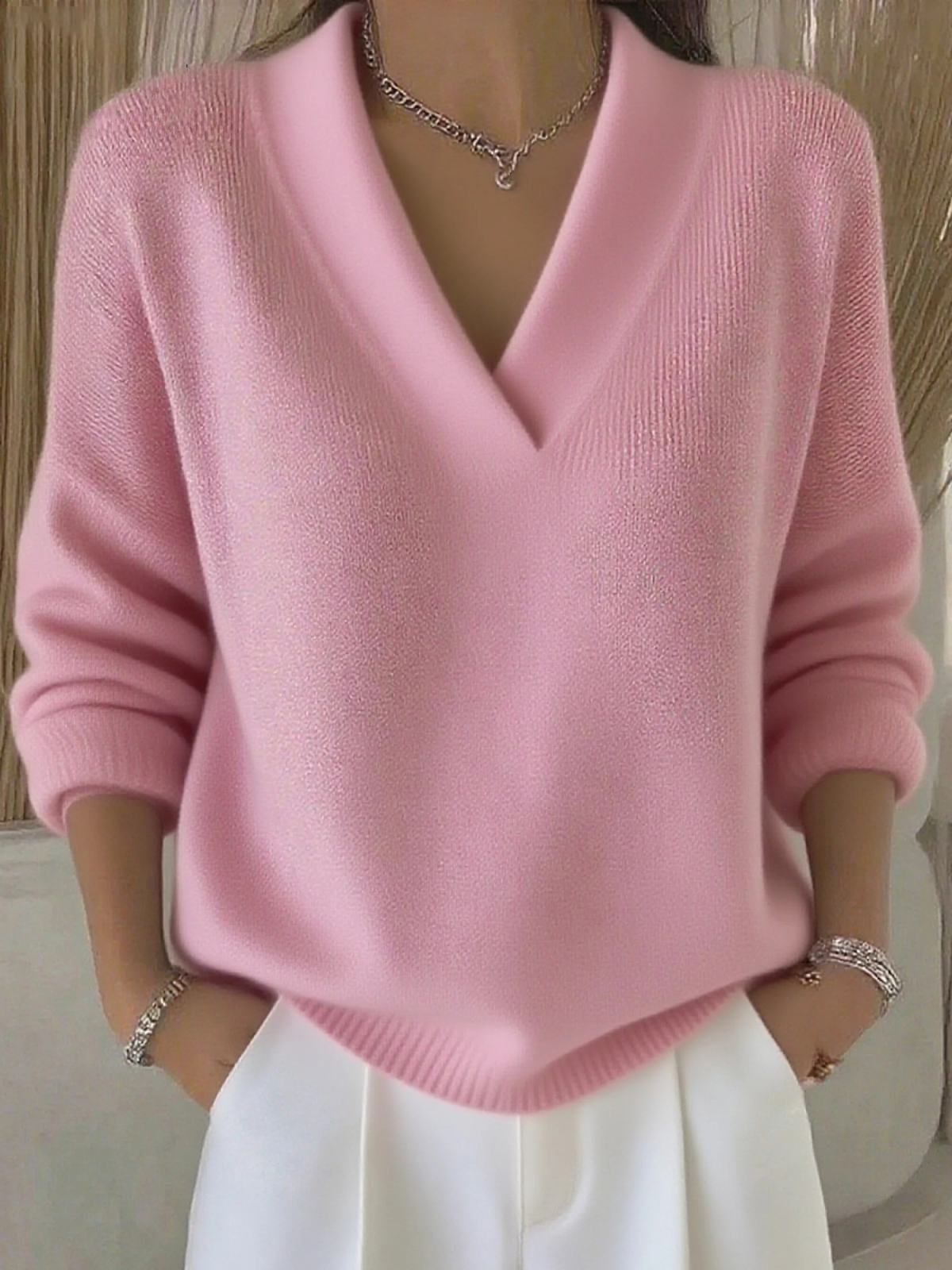 Women's Casual Solid Color V-neck Sweater Top