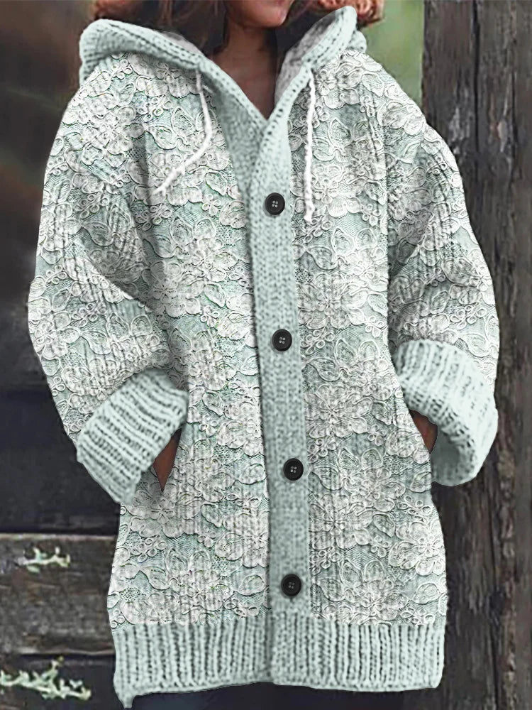 Vintage Lace Flowers Print Knitted Hooded Cardigan