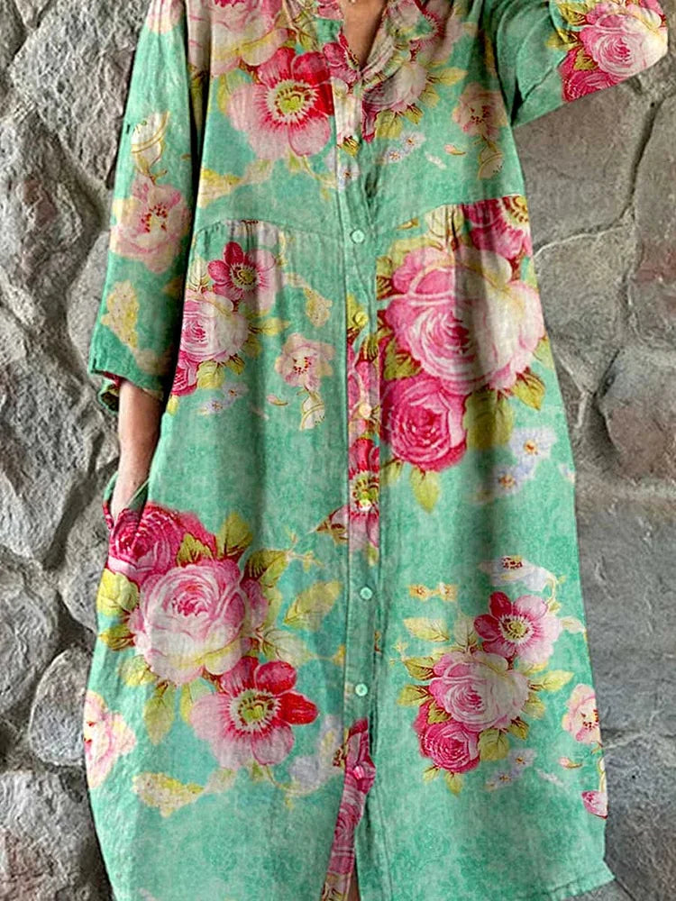 Women's Rose Floral Print Elegant Simple Shirt Cotton and LinenDress