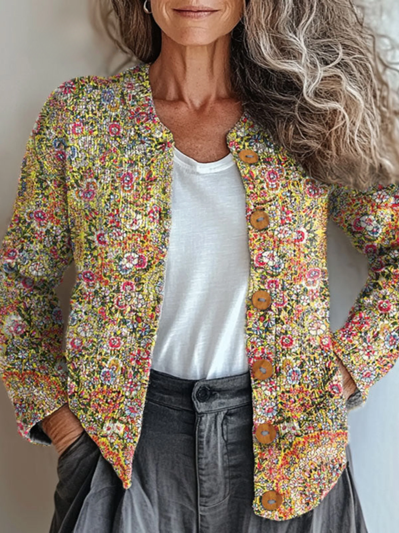 Vintage Flower Art Print Buttoned Cardigan Sweater