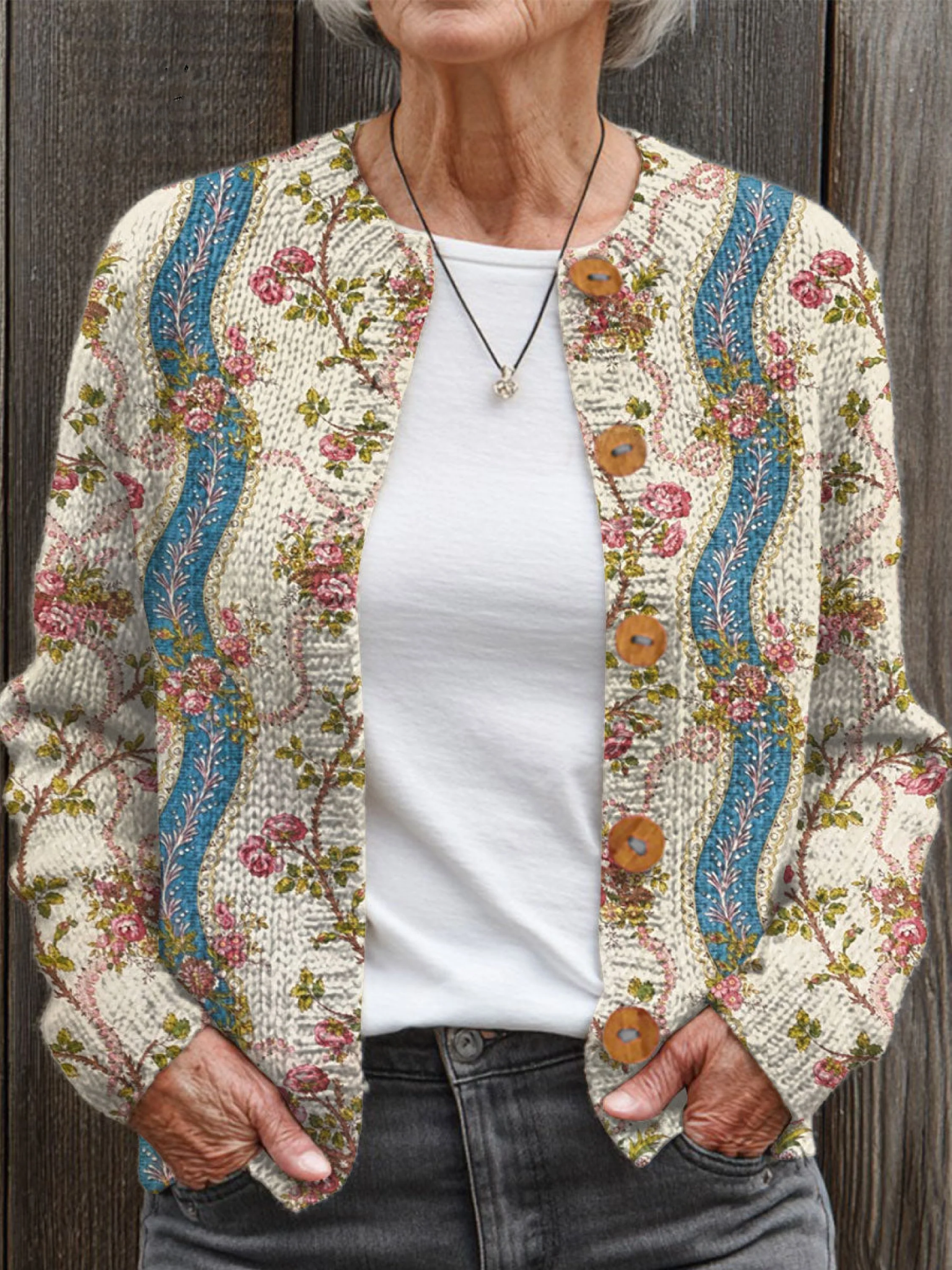 Vintage Flower Art Print Buttoned Cardigan Sweater