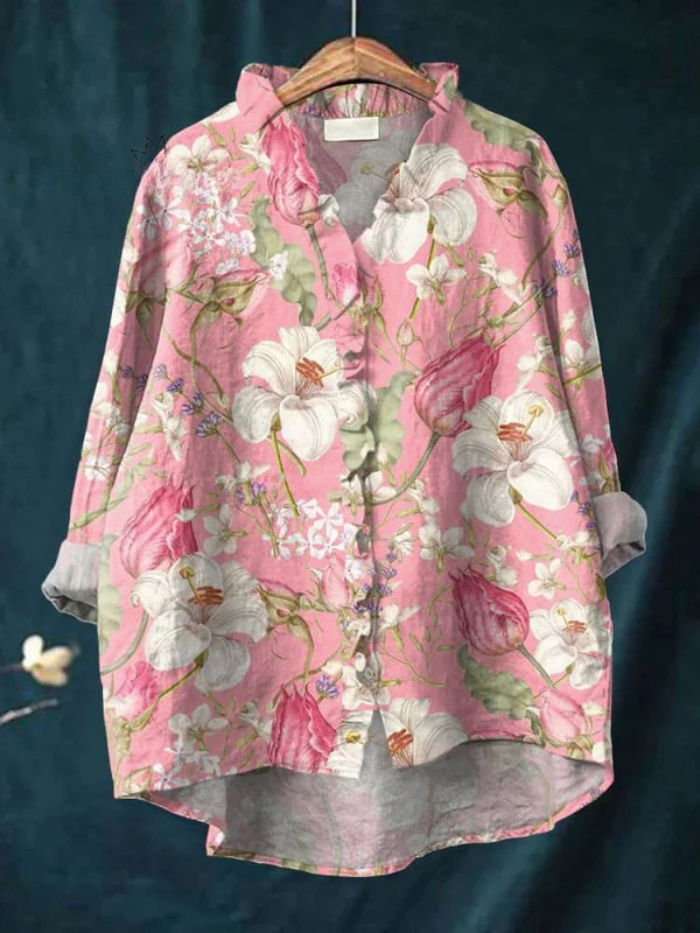 Women's Vintage Flowers Art Print Casual Cotton And Linen Ruffle Shirt
