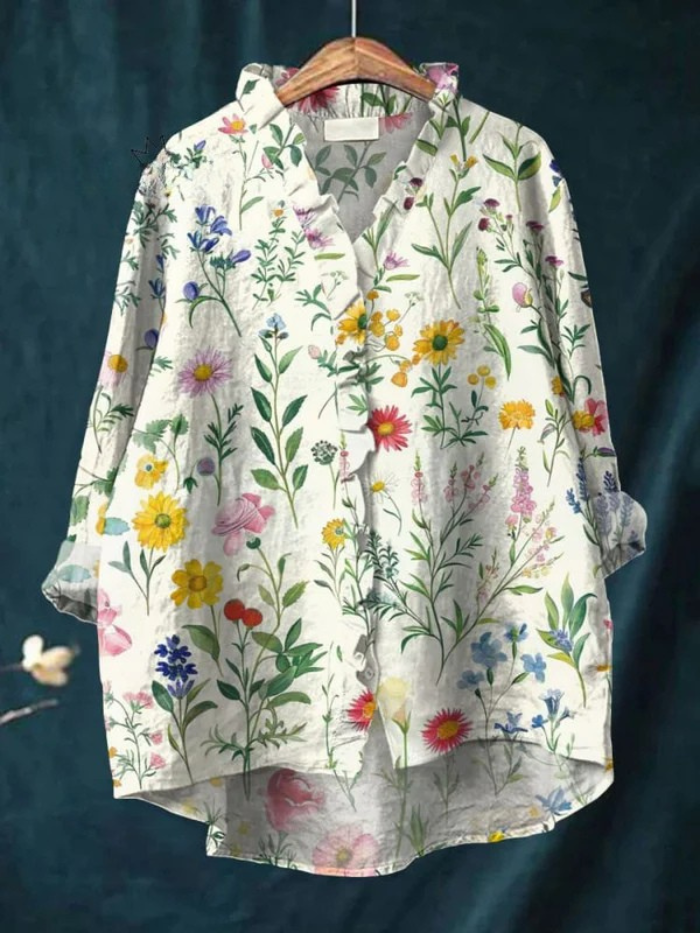 Women's Vintage Flowers Art Print Casual Cotton And Linen Ruffle Shirt