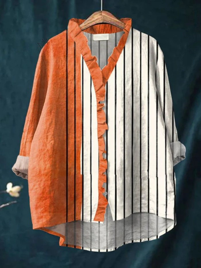 Women's Vintage Abstract Geometric Art Print Casual Cotton And Linen Ruffle Shirt