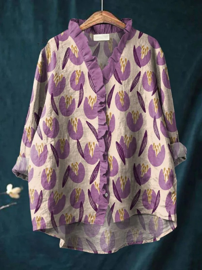 Women's Vintage Floral Art Print Casual Cotton And Linen Ruffle Shirt