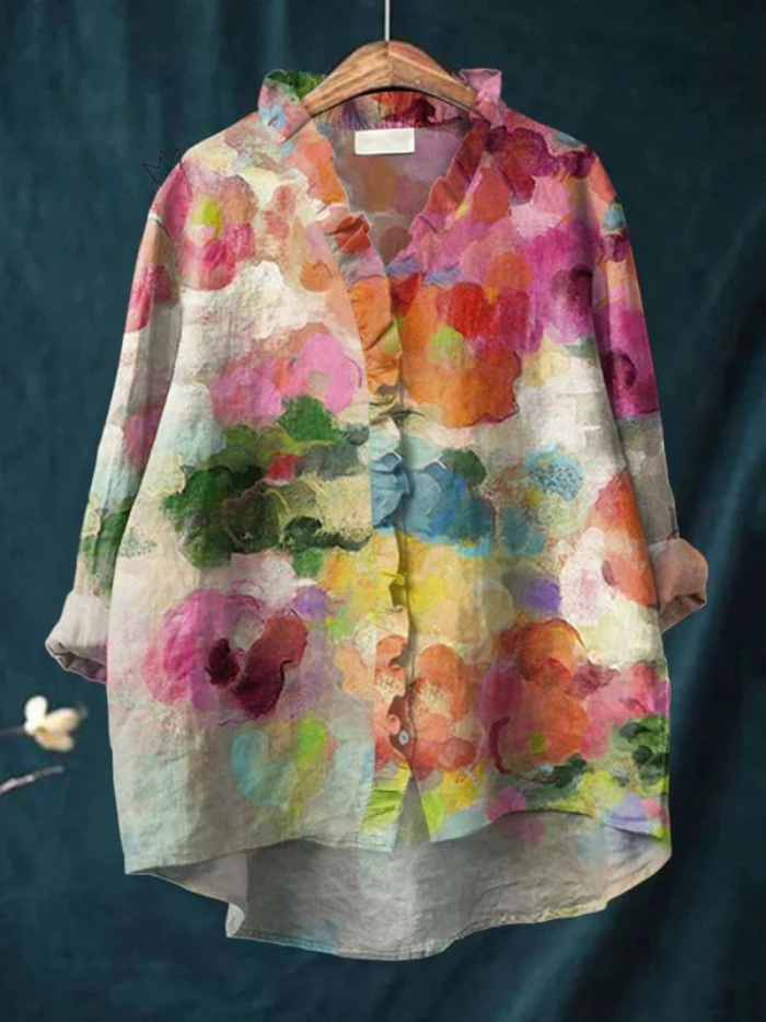 Women's Vintage Flowers Art Print Casual Cotton And Linen Ruffle Shirt