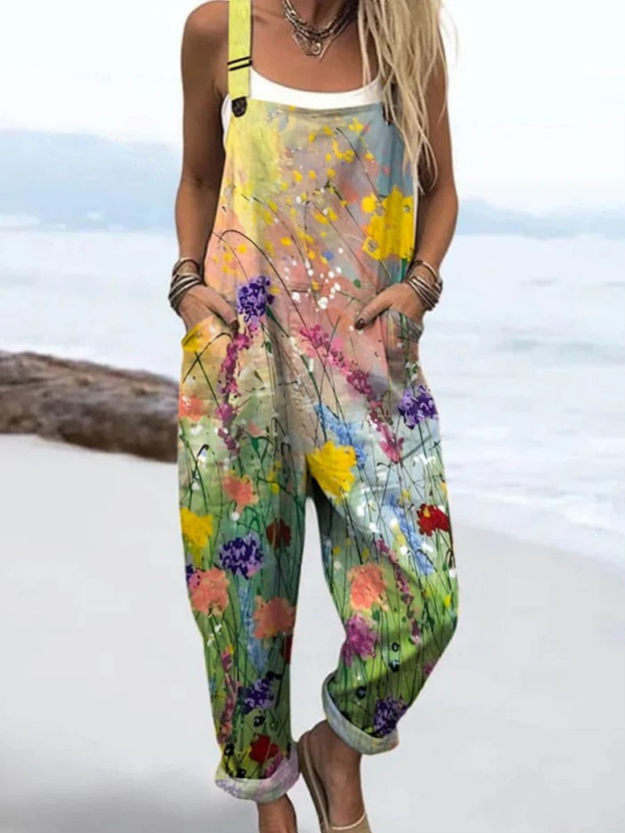 Women's Vintage Floral Pattern Art Print Casual Wide Leg Linen Jumpsuit