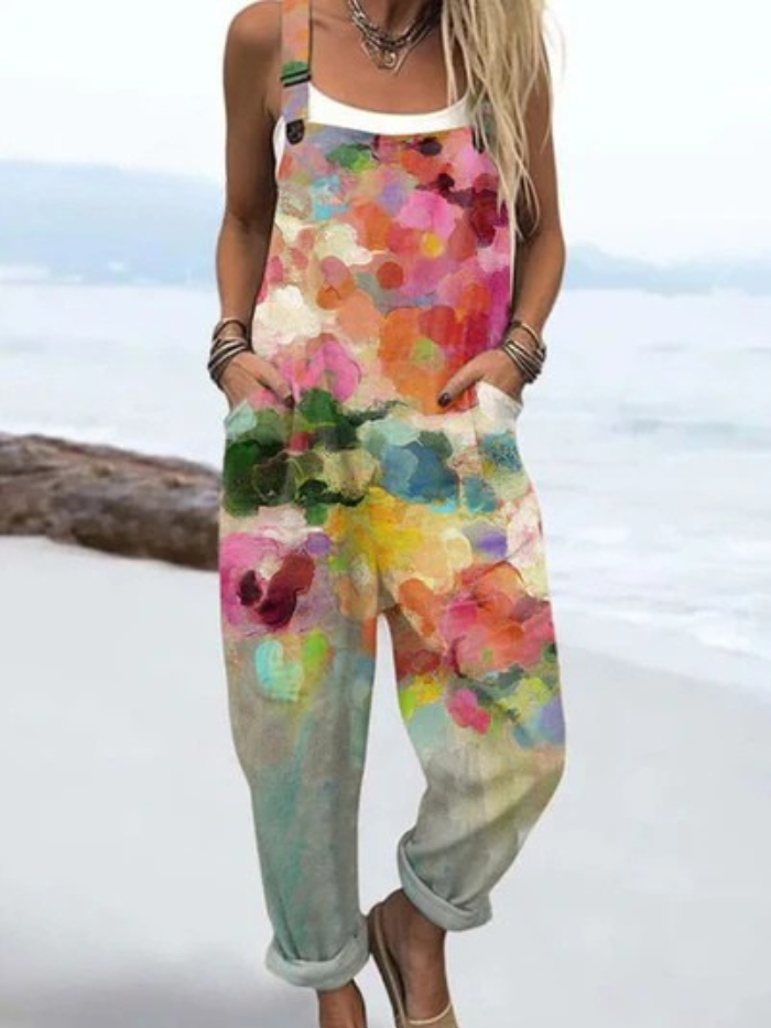 Women's Vintage Flowers Art Print Casual Wide Leg Linen Jumpsuit