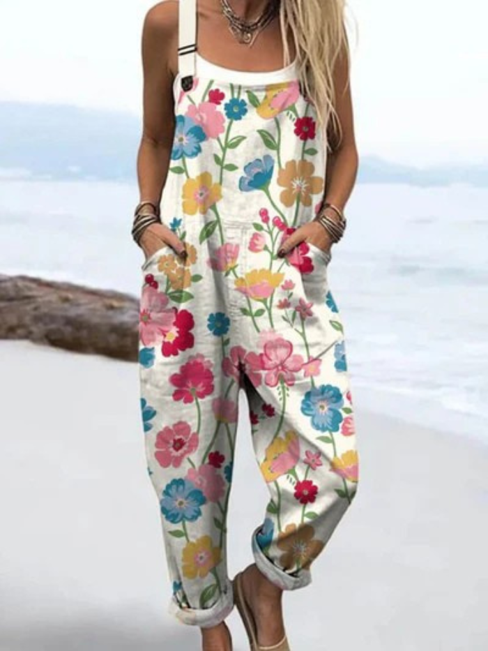 Women's Lovely Floral Art Print Casual Wide Leg Linen Jumpsuit