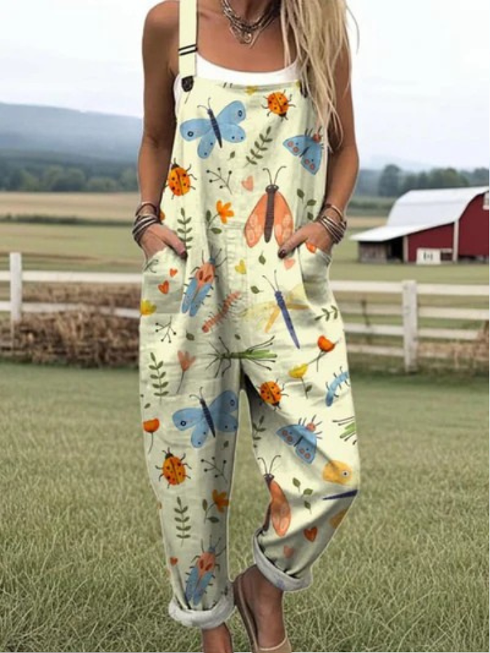 Women's Funny Insects Pattern Art Print Casual Wide Leg Linen Jumpsuit