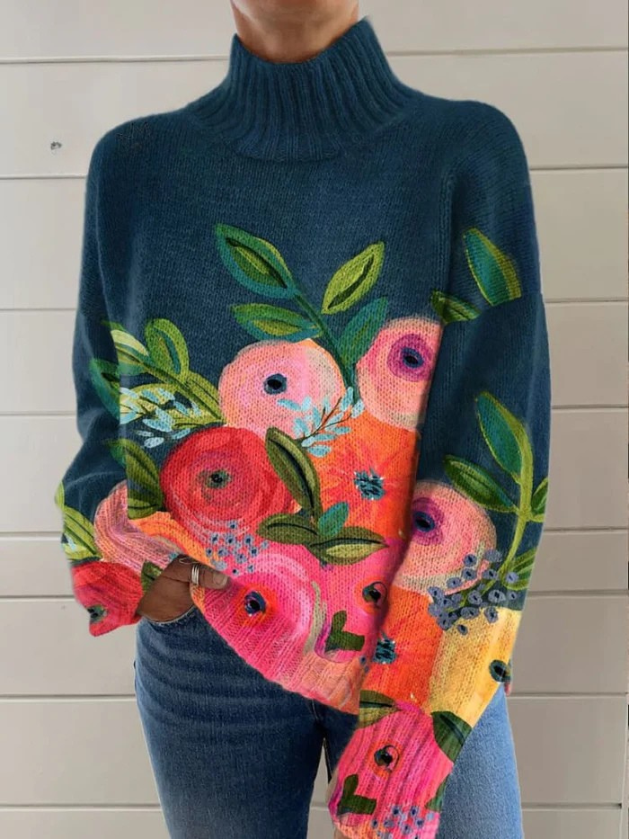 Sweater with turtleneck in retro floral pattern