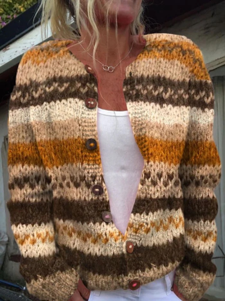 Striped Colour Block Print Buttoned Cardigan Sweater