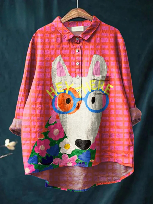 Women's Dog Art Print Casual Linen Shirt