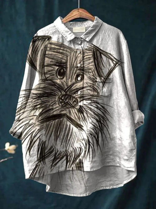 Women's Vintage Cute Dog Art Print Casual Linen Shirt