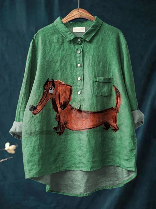 Vintage Lovely Dachshund Art Print Casual Linen Shirt
