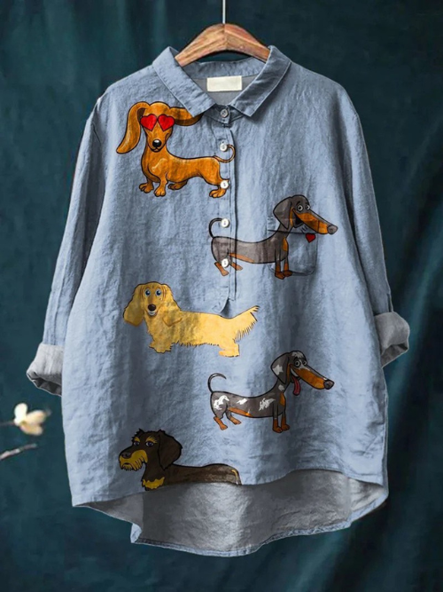 Vintage Lovely Dachshund Art Print Casual Linen Shirt