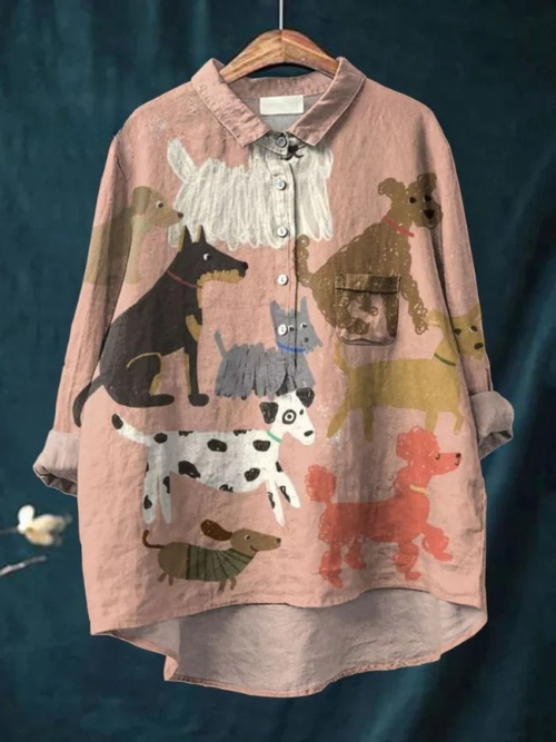 Women's Cute Dog Art Print Casual Linen Shirt