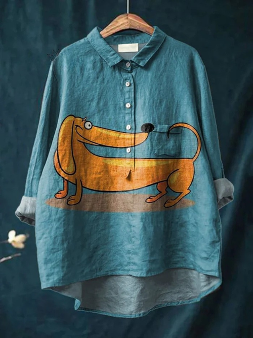Vintage Lovely Dachshund Art Print Casual Linen Shirt
