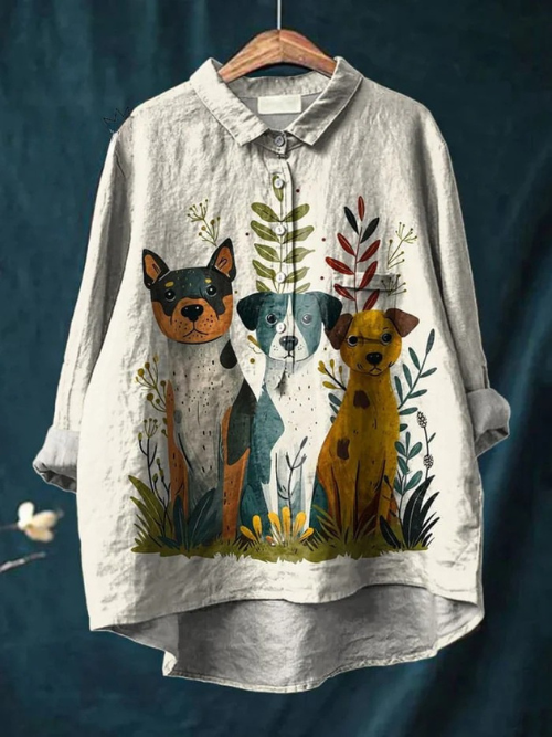 Puppy Dog In Botanical Garden Graphic Printed Women's Casual Linen Shirt