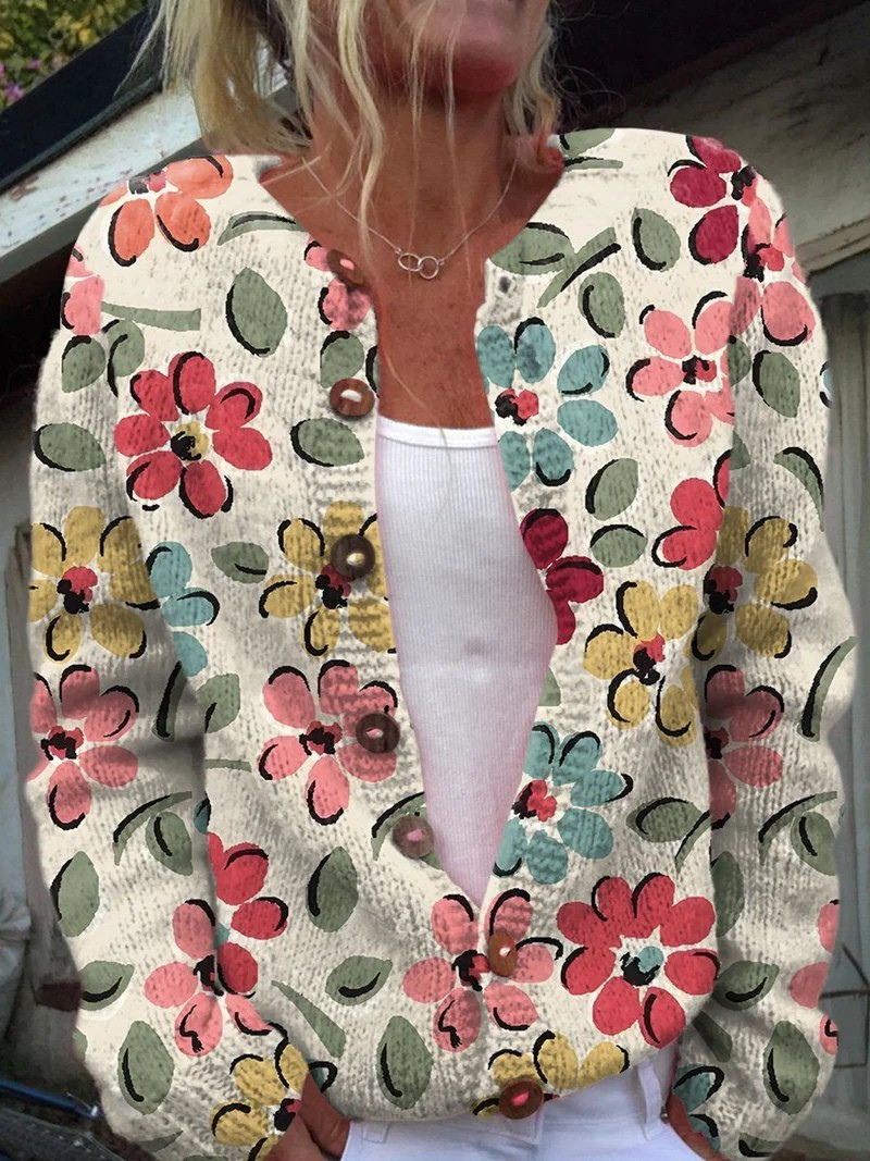 Multicolored Cute Flowers Print Buttoned Cardigan Sweater