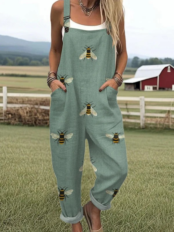 Women's Funny Bee Art Print Casual Wide Leg Linen Jumpsuit