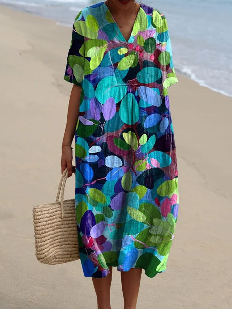 Summer Forest Art Printed Women's Flowy Linen Dress